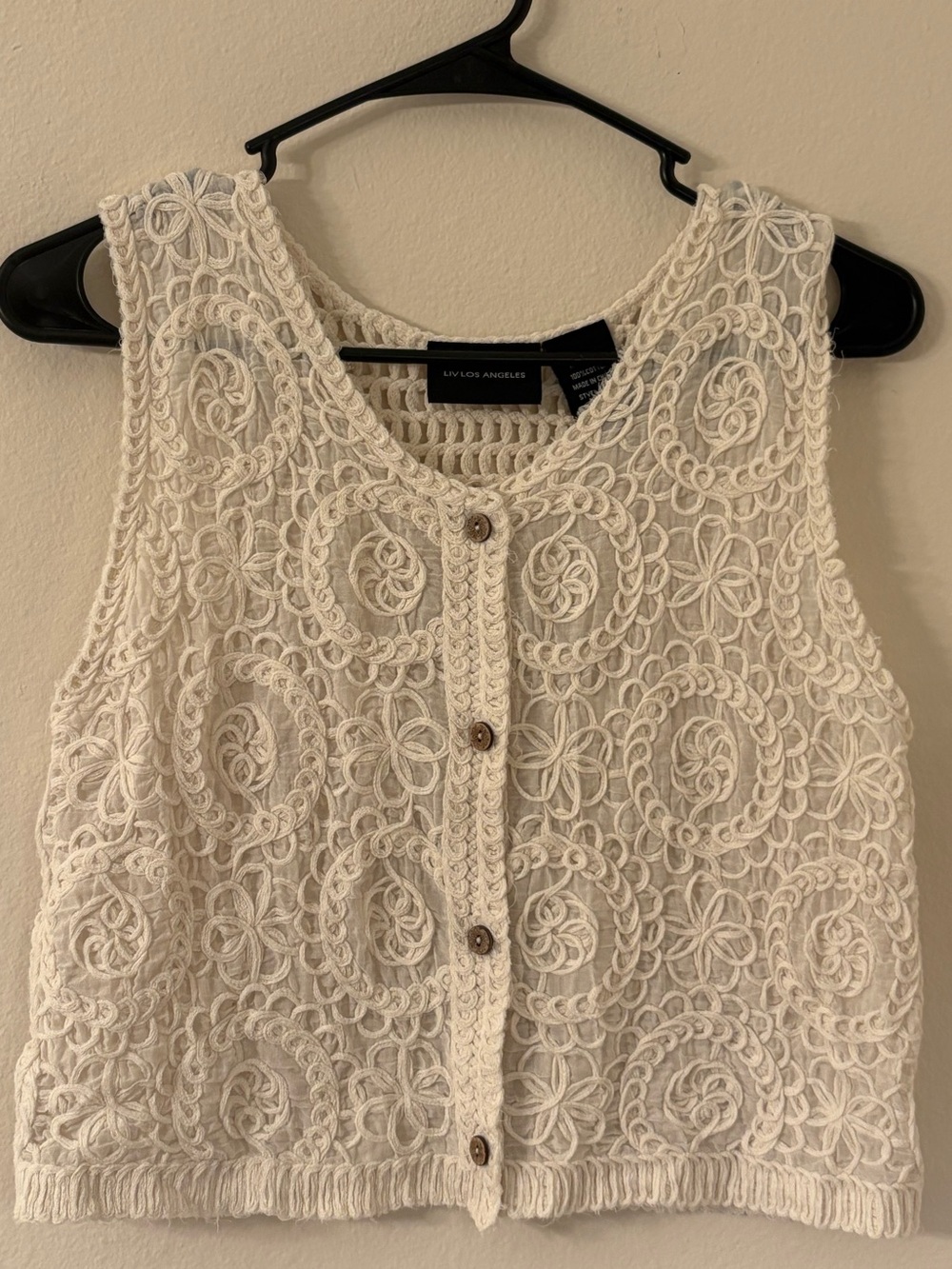 LIV Los Angeles 100% Cotton Crochet Boho Top Small Cream